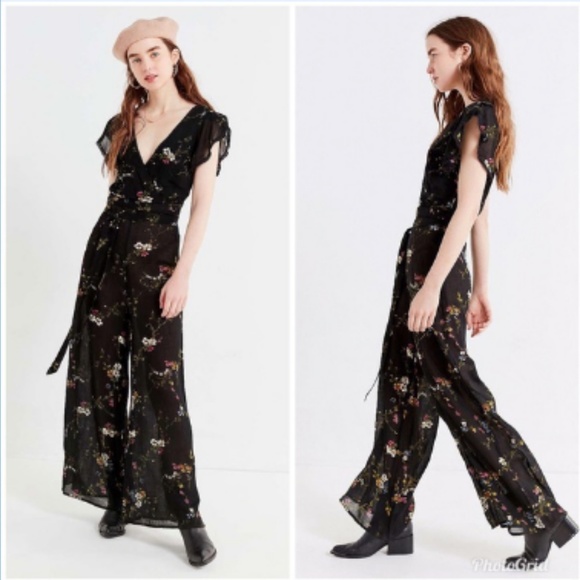 UO Marie Prairie Wrap Jumpsuit Black Floral Pants - Picture 2 of 8